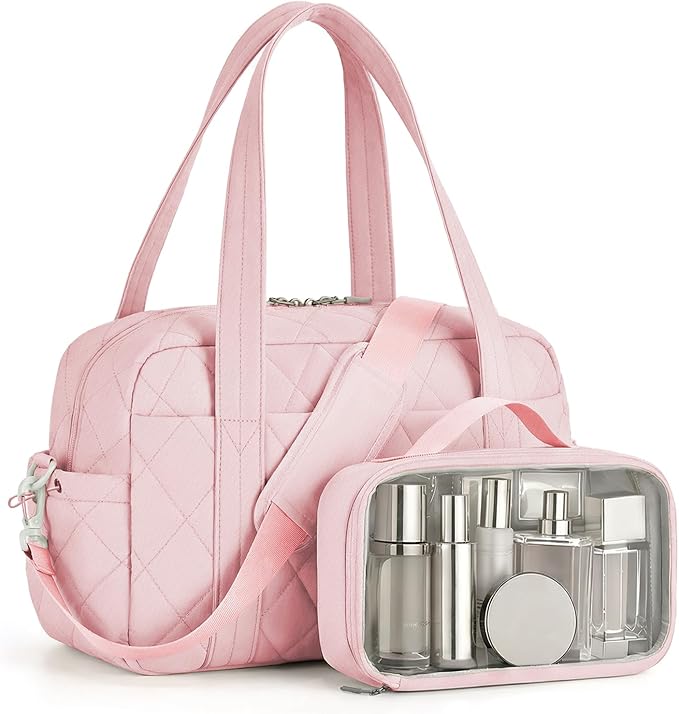 Percover Women Gym Bag with Toiletry Organizer Pouch, Quilted Workout Duffle with Compartments for Daily Fitness & Yoga, Locker-Friendly Soft Carry, Blush Pink