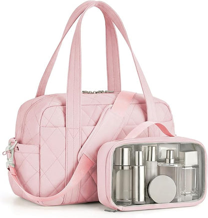 Percover Women Gym Bag with Toiletry Organizer Pouch, Quilted Workout Duffle with Compartments for Daily Fitness & Yoga, Locker-Friendly Soft Carry, Blush Pink