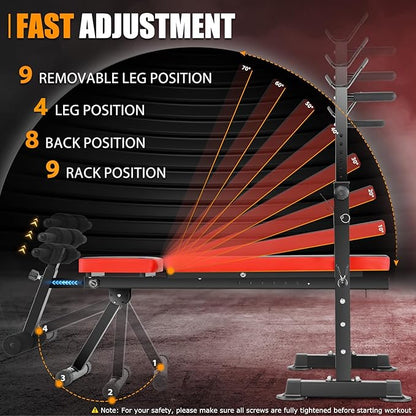 OPPSDECOR 600LBS 6 in 1 Weight Bench Set, Adjustable Bench Press Set and Squat Rack, Foldable Workout Benches for Home Gym, Incline Decline Flat Sit Up Strength Training Bench