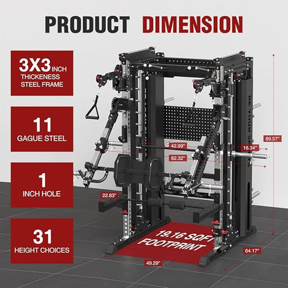 FAGUS Commercial Smithe Machine with Dual Weight Stacks, Power Cage Squat Rack with Lever Arm & Leg Press Attachment, Multi-Function Linear Bearing Cable Crossover Machine for Home Gym