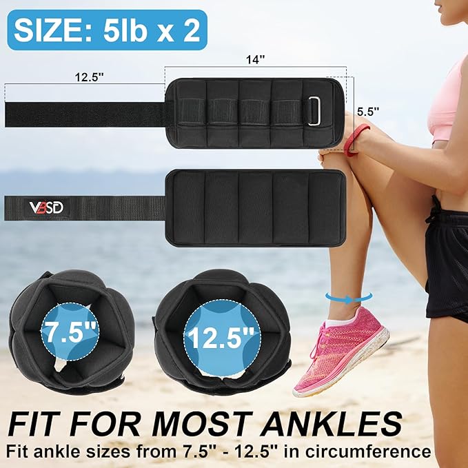 VBSD Adjustable Ankle Weights for Men Women, 2 4 6 8 10 lbs 1 Pair Leg Weight Straps, Weighted Ankle Weight Set with Removable Sandbags for Walking Running Yoga Physical Therapy Gym Home Workout