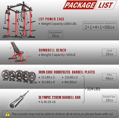 Power Cage Multi-Function Power Rack with Cable Crossover System,1800 LBS Capacity Squat Rack with Weight Bench,for Home Gym
