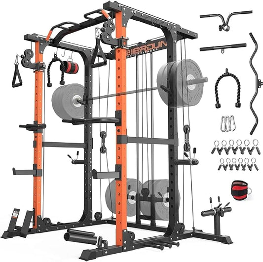 FEIERDUN FLA01 Power Cage Multi Function Squat Rack with Cable Crossover System,2000LBS Capacity with LAT Pulldown,10-in-1 Home Gym