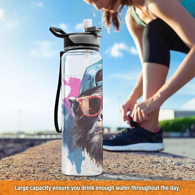 ALAZA Cool Monkey Sports Water Bottle with Straw Tritan Drink Bottle 32 oz BPA Free Reusable for Travel Outdoor Fitness