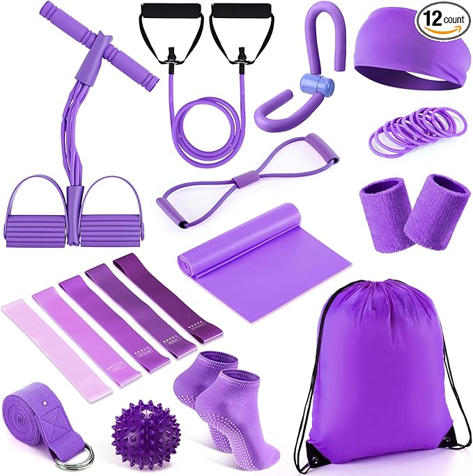 17 Pcs Home Pilates Kit with Resistance Bands 6 Tube Pedal Puller Resistance Band Set for Women Weight Loss Leg Training Workout Equipment Gym Exercise Equipment Beginners Yoga