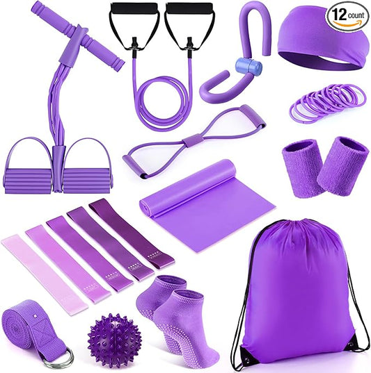 17 Pcs Home Pilates Kit with Resistance Bands 6 Tube Pedal Puller Resistance Band Set for Women Weight Loss Leg Training Workout Equipment Gym Exercise Equipment Beginners Yoga