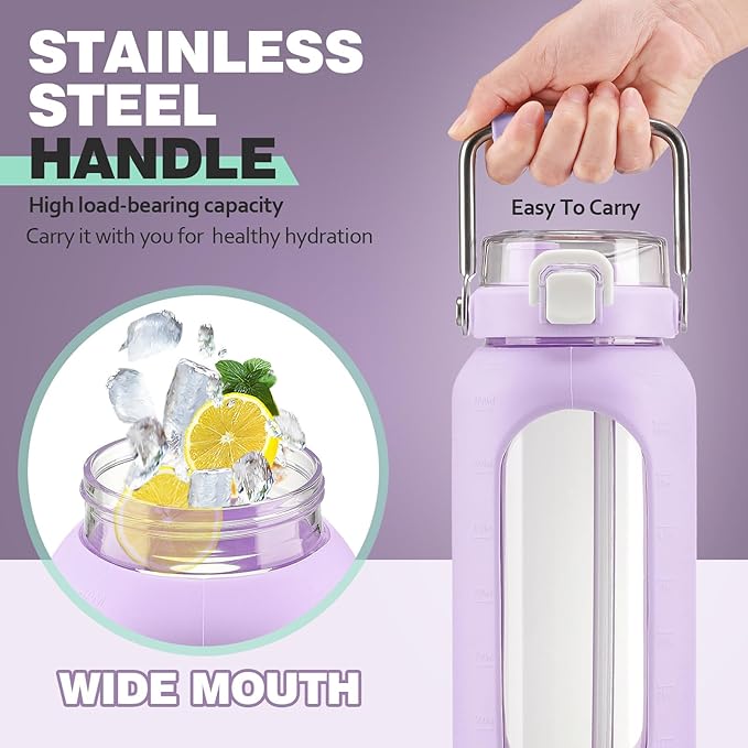 BLUEGO 64oz Water Bottle Glass with Stainless Steel Handle Large Water Bottle with Time Markers and Silicone Sleeve Half Gallon Water Jug BPA Free for Gym Daily Use, Purple
