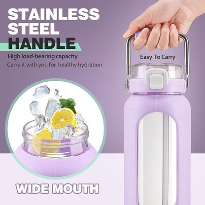 BLUEGO 64oz Water Bottle Glass with Stainless Steel Handle Large Water Bottle with Time Markers and Silicone Sleeve Half Gallon Water Jug BPA Free for Gym Daily Use, Purple