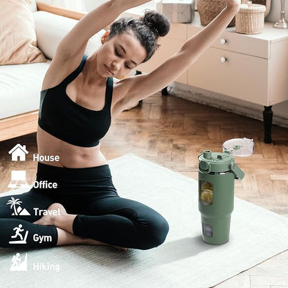 BLUEGO 32oz Glass Water Bottle with Handle and Straw|Leakproof Sports Glass Bottle with Time Marker and Silicone Sleeve|Glass Drinking Bottle for Travel, Gym, Workout, Olive