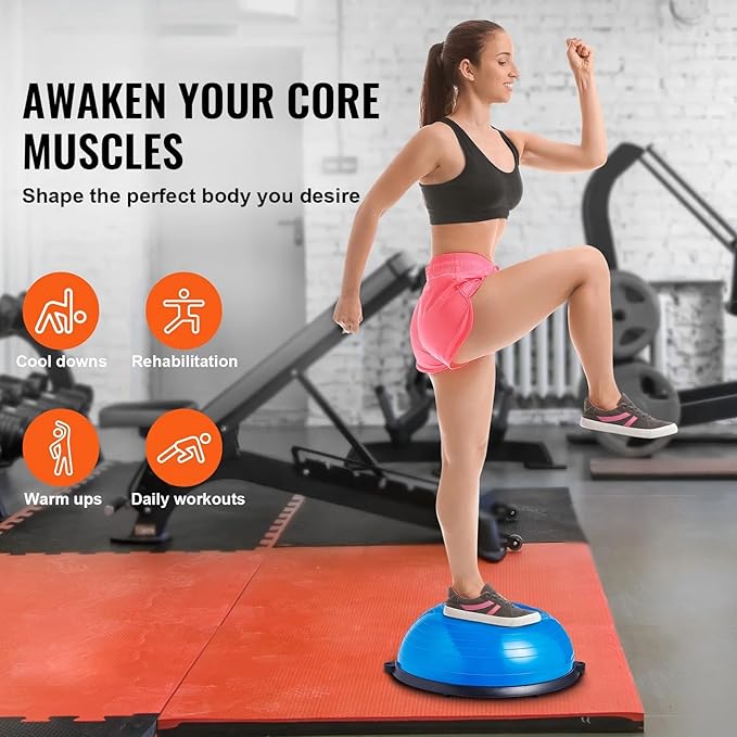 Half Exercise Ball Trainer 23 inch Balance Ball Trainer 1500lbs Capacity Stability Ball with Resistance Bands & Foot Pump, Strength Fitness Ball for Home Gym Full Body Workout