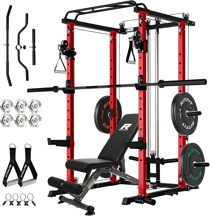 RitFit Multi-Function Garage & Home Gym Package Includes 1200LBS Power Cage PPC03/P3 with Cable Crossover System, Weight Bench, Olympic Barbell Weight Set, Full Body Workout