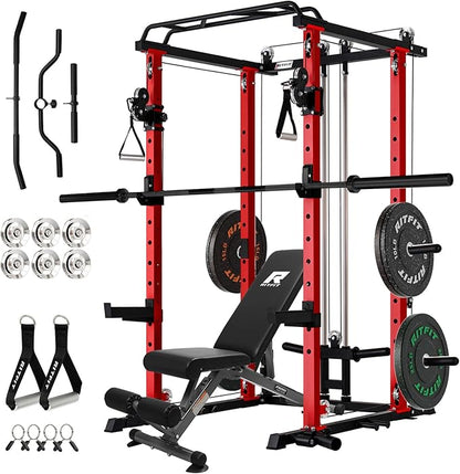 RitFit Multi-Function Garage & Home Gym Package Includes 1200LBS Power Cage PPC03/P3 with Cable Crossover System, Weight Bench, Olympic Barbell Weight Set, Full Body Workout