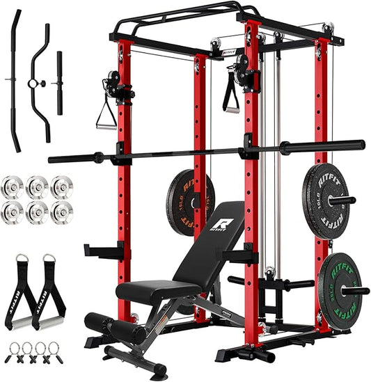 RitFit Multi-Function Garage & Home Gym Package Includes 1200LBS Power Cage PPC03/P3 with Cable Crossover System, Weight Bench, Olympic Barbell Weight Set, Full Body Workout