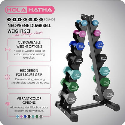 HolaHatha 2, 3, 5, 8, and 10 Pound Neoprene Dumbbell Free Hand Weight Set with Rack, Ideal for Home Exercises to Gain Tone and Definition, Pastel