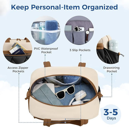 Gym Bag for Women, Puffer Travel Duffle Bag With Shoes Compartment & Wet Pocket, Carry On Tote Bag For Weekender, Overnight, Sport (Beige & Brown, Large)