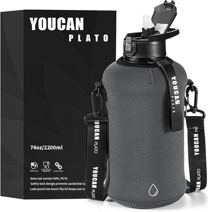 Half Gallon Water Bottle with Straw 74 oz Large Water Bottle Big Gym Water Bottle with Storage Sleeve BPA Free Gallon Water Jug with Handle and Bottle Brush Grey