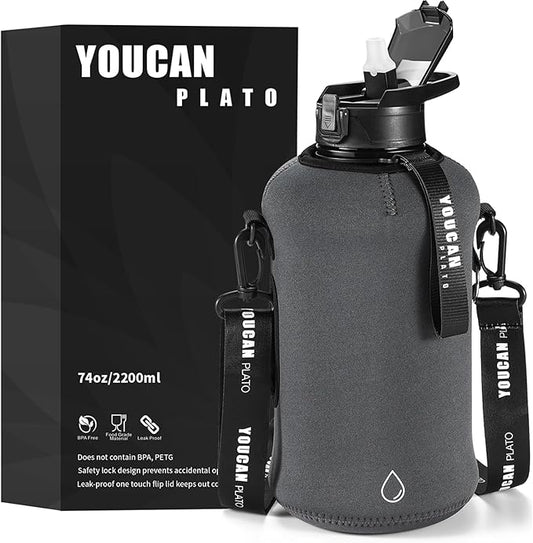 Half Gallon Water Bottle with Straw 74 oz Large Water Bottle Big Gym Water Bottle with Storage Sleeve BPA Free Gallon Water Jug with Handle and Bottle Brush Grey