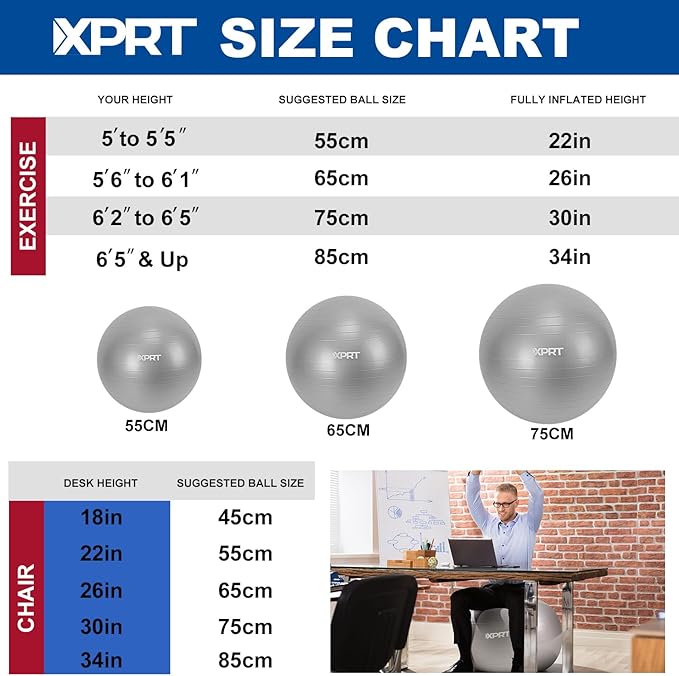 XPRT Fitness Exercise Ball (55/65/75cm) - Yoga Ball for Home Gym Workout, Physical Therapy, Balance, Stability Training - Office Ball Chair with Quick Pump (5 Colors)