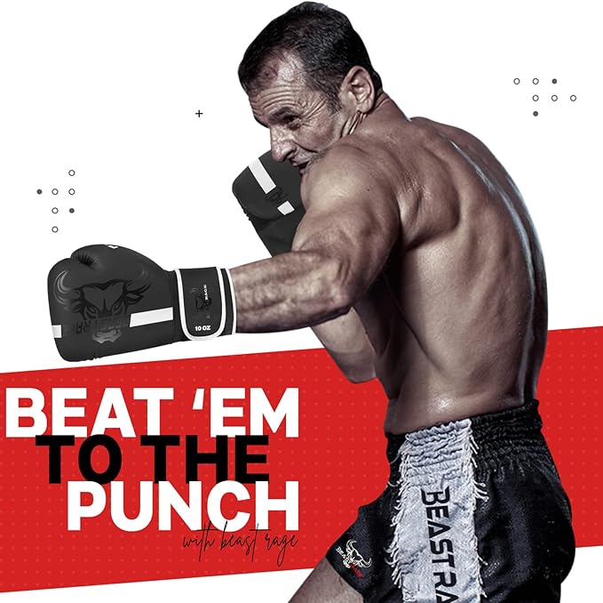 BEAST RAGE Boxing Gloves Muay Thai Kickboxing MMA Fight Bag Training Punch Hitting Workout Men Women Sparring Fitness Mitts Heavy Padded Martial Arts Sports