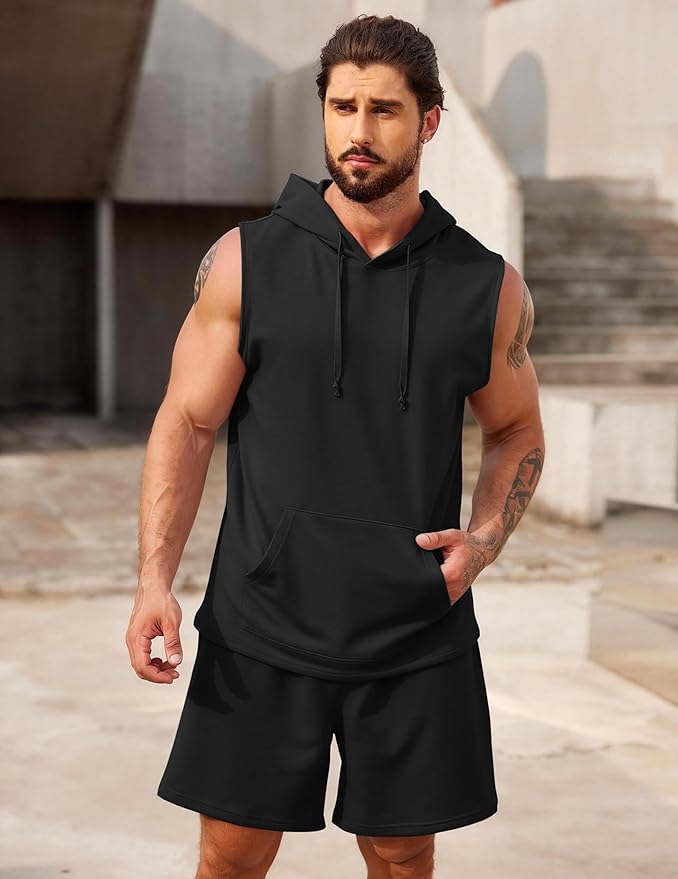 COOFANDY Mens Sleeveless Workout Hoodie Shorts Set 2 Piece Outfits Hooded Tank Tops Gym Tracksuit Sweatsuits