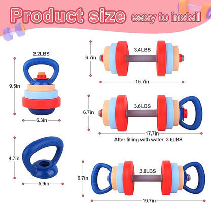 Kids Exercise Equipment With 2 Dumbbells and Kettlebell - Adjustable Workout Toy Equipment for Children Pretend Play Exercise - Toddler Beginner Gym & Fitness Family Games for Birthday Gifts