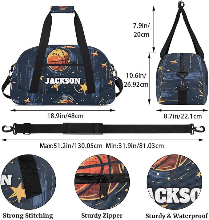 Personalized Basketball Gym Duffel Bags for Kids Boys with Custom Name Sport Training Travel Bags for Overnight Weekender, Dark Blue