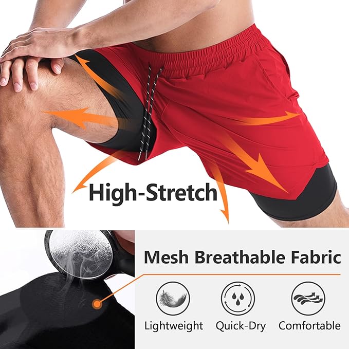 Aolesy Men's 2 in 1 Running Shorts 5" Workout Gym Athletic Shorts for Men Quick Dry Lightweight Training Shorts with Pockets
