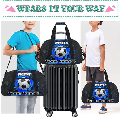 Personalized Sports Soccer Duffel Bags for School Boys, Custom Kids Name Number Duffle Gym Bag Sport Players FitnessTravel Weekender Lightweight Bags, Black Red Color