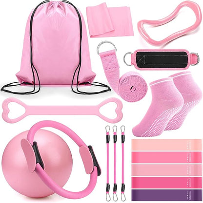 Pilates Ring Circle Set 18 Pcs Exercise Equipment Accessories for Women Workouts Pilates Ball Stretching Strap Magic Circle Yoga Ring Gym Back Bag Resistance Band Anti Slip Socks