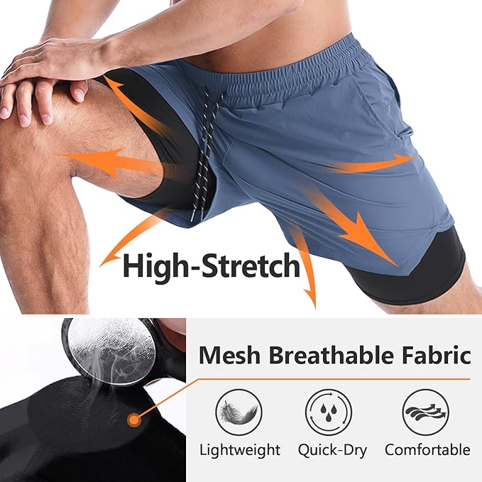 Aolesy Men's 2 in 1 Running Shorts 5" Workout Gym Athletic Shorts for Men Quick Dry Lightweight Training Shorts with Pockets