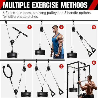 RENRANRING Pulley System, Weight Cable Pulley System for Home Gym,Cable Machine Attachment with 2 in 1 LAT Pull Down Bar,Tricep Rope,Long Strap,Exercise Handles for Biceps Curl, Forearm