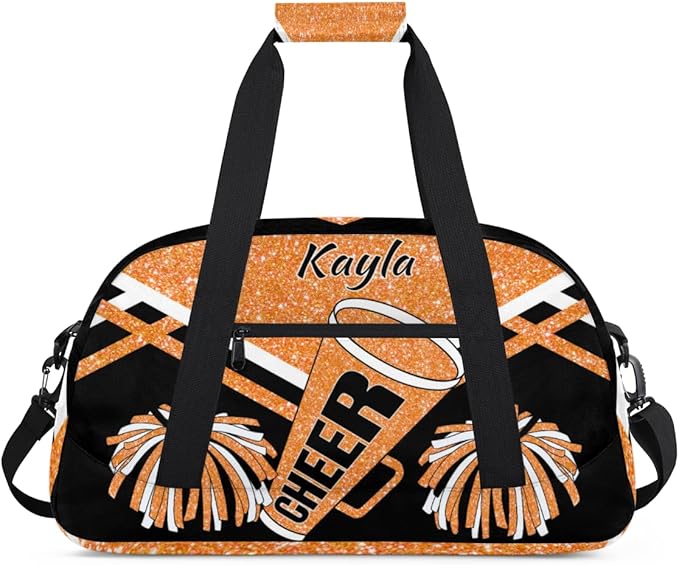 Personalized Girls Gym Cheerleading Bag Sport Duffle Bag, Custom Name Carry On Weekender Bag for Women Men Travel Vocation Business Trip, Orange Glitters Black