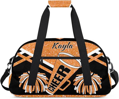 Personalized Girls Gym Cheerleading Bag Sport Duffle Bag, Custom Name Carry On Weekender Bag for Women Men Travel Vocation Business Trip, Orange Glitters Black