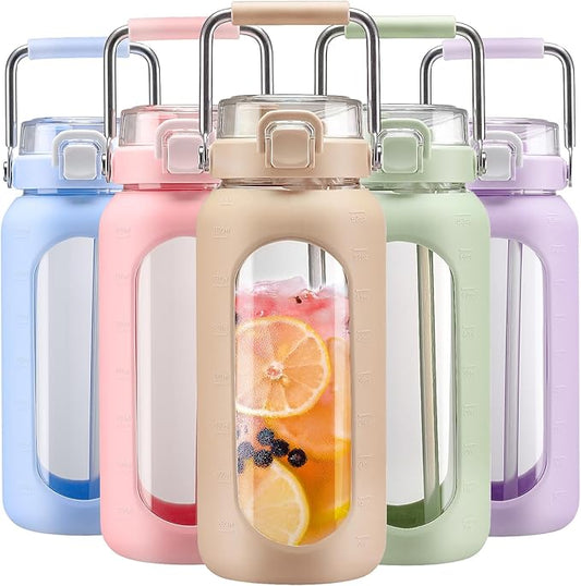 BLUEGO 64oz Water Bottle Glass with Stainless Steel Handle Large Water Bottle with Time Markers and Silicone Sleeve Half Gallon Water Jug BPA Free for Gym Daily Use, Amber
