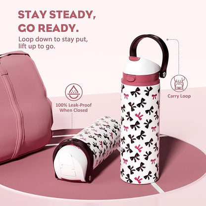 POWCAN 24 oz Insulated Water Bottle with Straw: 2-in-1 Push-Button Spout & Quick-Flip Straw, Leakproof, Cold 24Hrs, Fits Car Cup Holder, Stainless Sports Bottle for Gym, Travel Gift (Pretty in Bows)