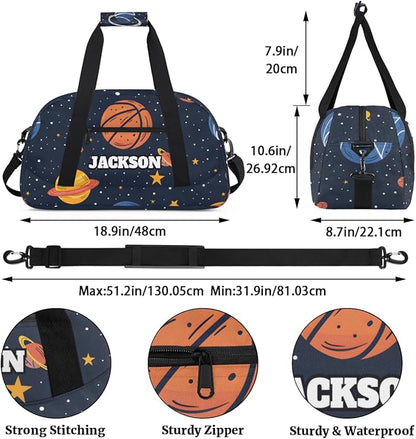 Personalized Basketball Gym Duffel Bags for Kids Boys with Custom Name Sport Training Travel Bags for Overnight Weekender, Space Star