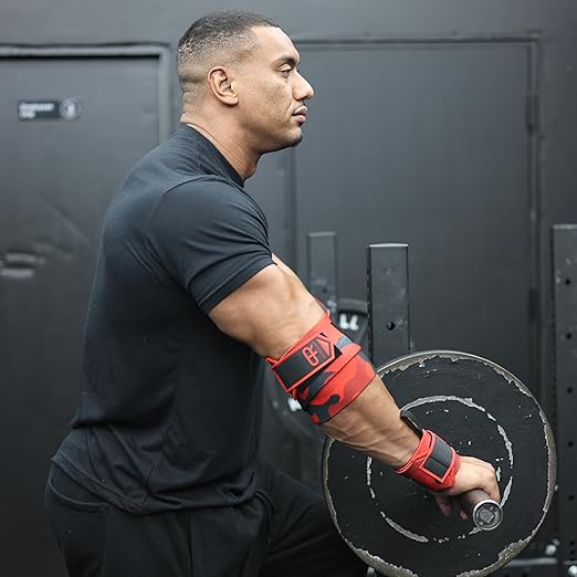 Elbow Wraps for Weightlifting - Heavy Duty Construction, 25% More Elasticity, Reinforced Stitching, Extra Wide Fastener, Easy to Adjust, (Red Camo)