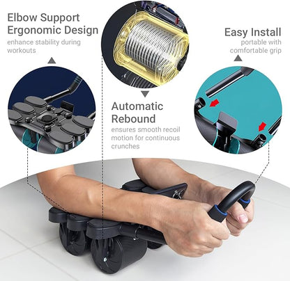 Ab Roller for Core Workout – 4 Wheel Ab Roller for Stability with Elbow Support – Automatic Rebound Ab Wheel Machine for Home Gym – Core Exercise Equipment for Men and Women