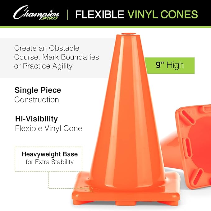 Champion Sports High Visibility Flexible Vinyl Cones for Sports Training, Agility Drills, Field & Gym Marking Sets