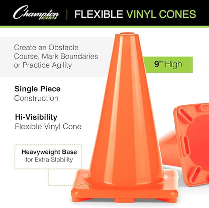 Champion Sports High Visibility Flexible Vinyl Cones for Sports Training, Agility Drills, Field & Gym Marking Sets