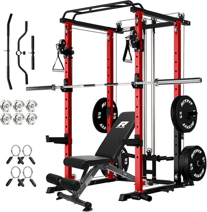 RitFit Multi-Function Garage & Home Gym Package Includes 1200LBS Power Cage PPC03/P3 with Cable Crossover System, Weight Bench, Olympic Barbell Weight Set, Full Body Workout
