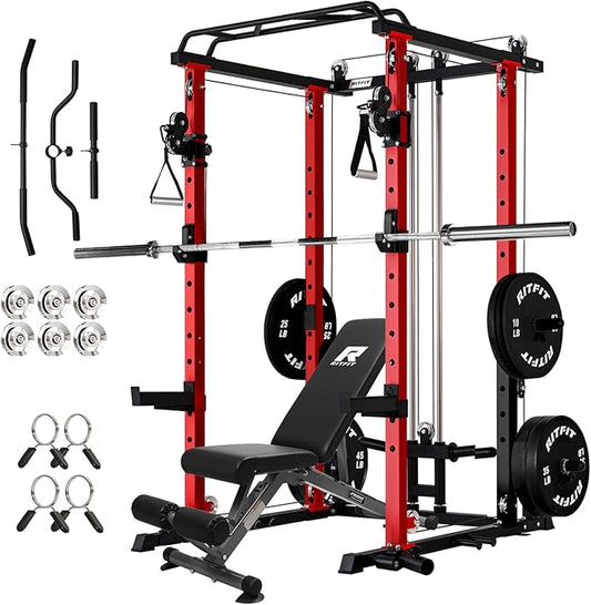 RitFit Multi-Function Garage & Home Gym Package Includes 1200LBS Power Cage PPC03/P3 with Cable Crossover System, Weight Bench, Olympic Barbell Weight Set, Full Body Workout