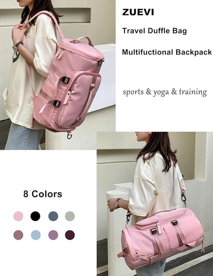 ZUEVI 3 In 1 Backpack Travel Duffle Bag for Men Women with Wet Pocket and Shoe Compartment Waterproof Gym Backpacks for Weekender Sports Training Yoga (Pink)