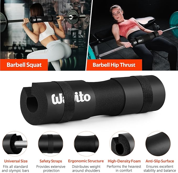 WALITO Barbell Squat Pad Set for Women, 10 Pcs Hip Thrust Gym Equipment with Exercise Handles, Wrist Wraps, Lifting Straps, Booty Band & Jump Rope, Portable Cable Machine Attachments