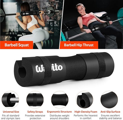 WALITO Barbell Squat Pad Set for Women, 10 Pcs Hip Thrust Gym Equipment with Exercise Handles, Wrist Wraps, Lifting Straps, Booty Band & Jump Rope, Portable Cable Machine Attachments