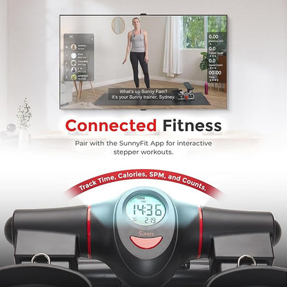 Sunny Health & Fitness 2-in-1 Premium Power Stepper with 400lbs Weight Capacity and Resistance Bands, Low-Impact Cardio, Space-Saving, Height-Adjustable, with Bluetooth and Free SunnyFit App