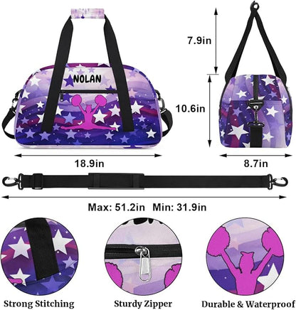 Personalized Cheerleading Bag for Girls Teens, Custom Sports Gym Bag Name Ranked Overnight Duffel Bag for Practice Gymnastics Ballet Bag, Purple Stars Cheer Girls