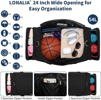 24 inch Mens Gym Bag with Shoe Compartment - 55L Sports Duffle Bag for Travel Workout Fitness-Black