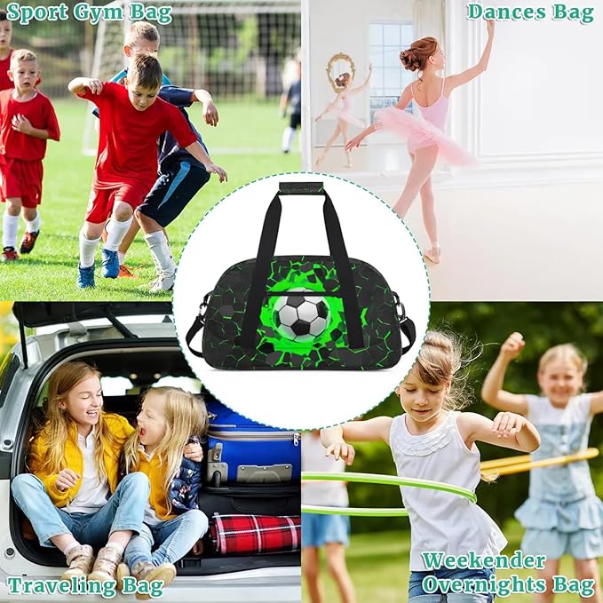 Green Soccer Kids Duffel Bag for Boys, Football Sports Gym Bag Overnight Travel Weekender Bag Lightweight Carry On Sleepovers Bag for School Practice Gymnastics