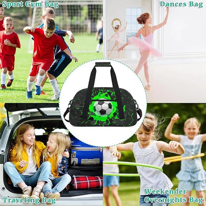 Green Soccer Kids Duffel Bag for Boys, Football Sports Gym Bag Overnight Travel Weekender Bag Lightweight Carry On Sleepovers Bag for School Practice Gymnastics